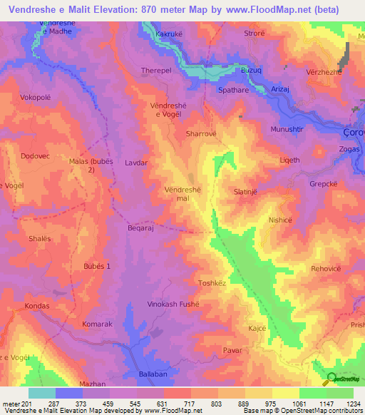 Vendreshe e Malit,Albania Elevation Map