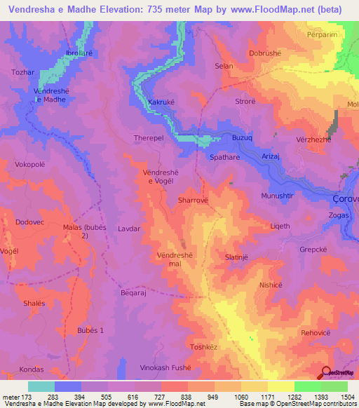 Vendresha e Madhe,Albania Elevation Map