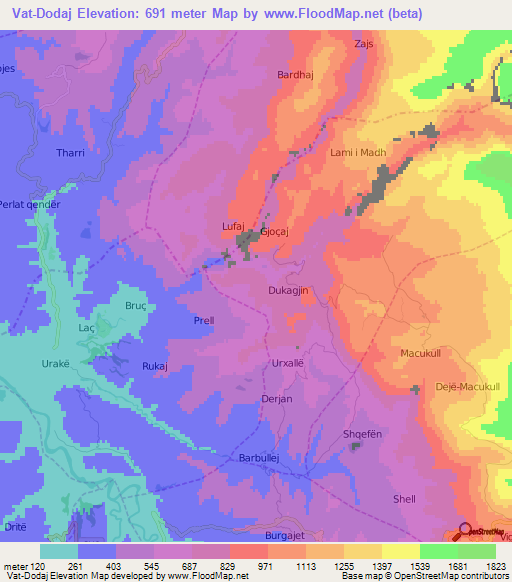 Vat-Dodaj,Albania Elevation Map