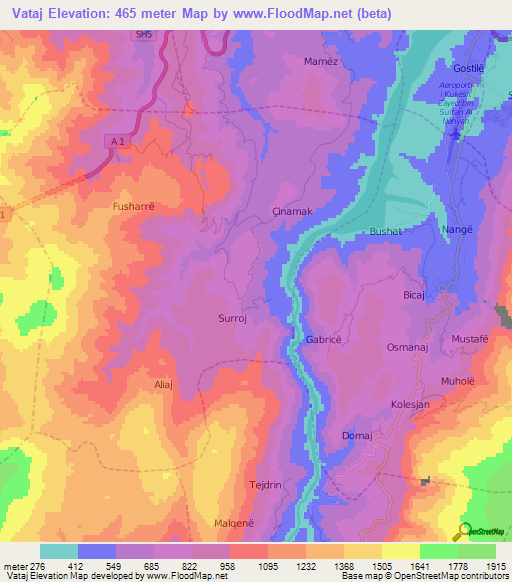 Vataj,Albania Elevation Map