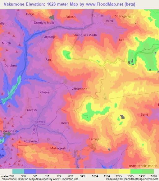 Vakumone,Albania Elevation Map