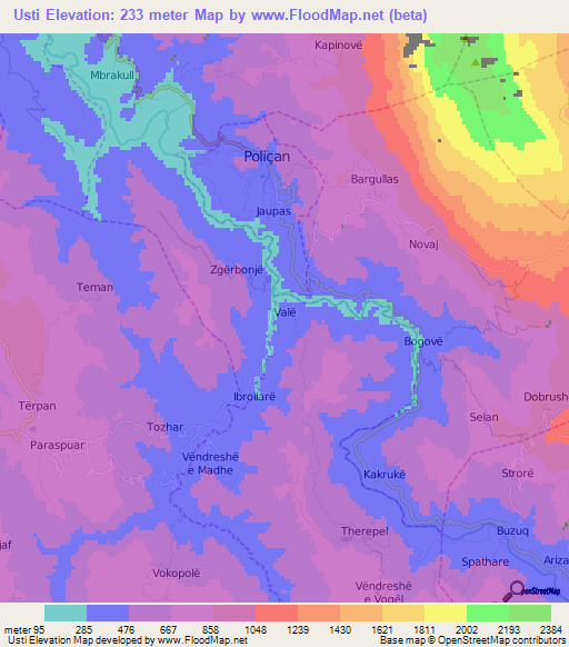 Usti,Albania Elevation Map