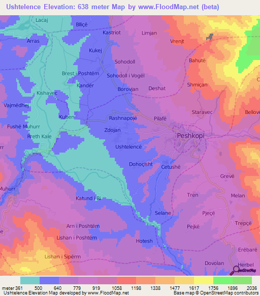 Ushtelence,Albania Elevation Map