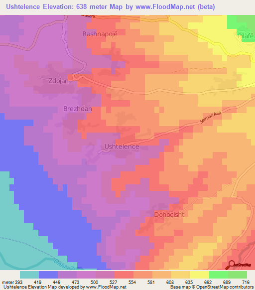 Ushtelence,Albania Elevation Map