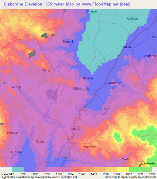 Ujebardhe,Albania Elevation Map