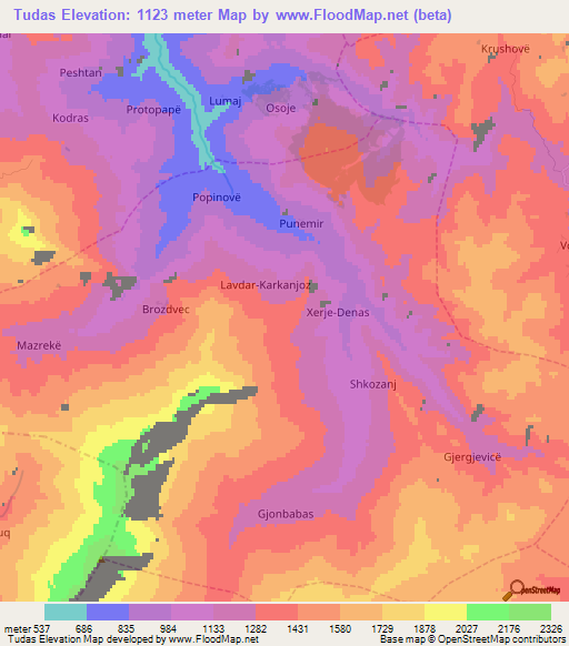 Tudas,Albania Elevation Map