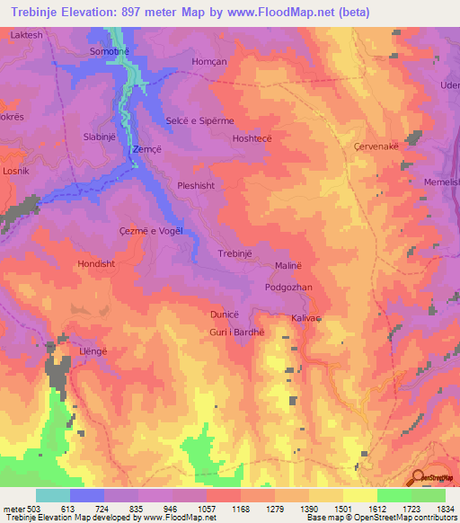 Trebinje,Albania Elevation Map