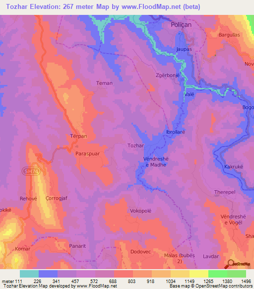 Tozhar,Albania Elevation Map