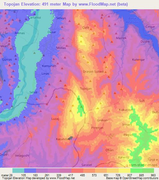 Topojan,Albania Elevation Map