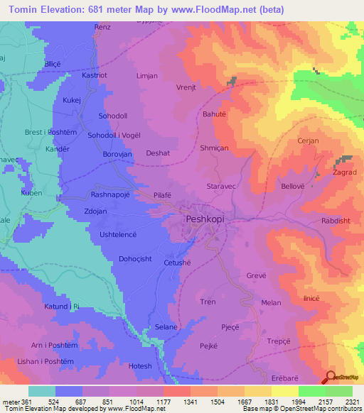 Tomin,Albania Elevation Map