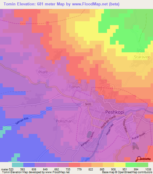 Tomin,Albania Elevation Map