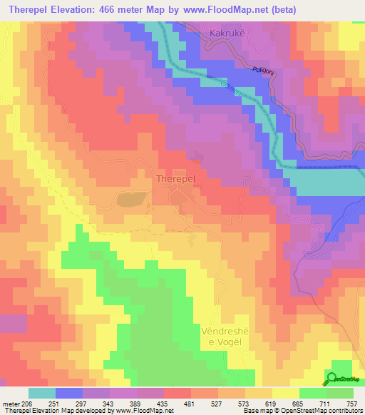 Therepel,Albania Elevation Map