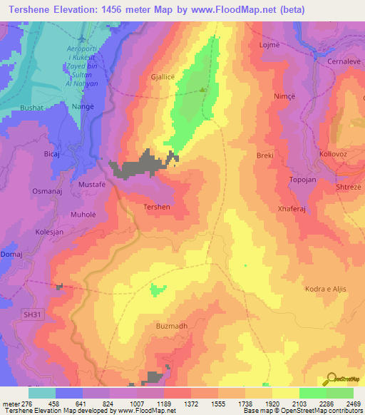 Tershene,Albania Elevation Map