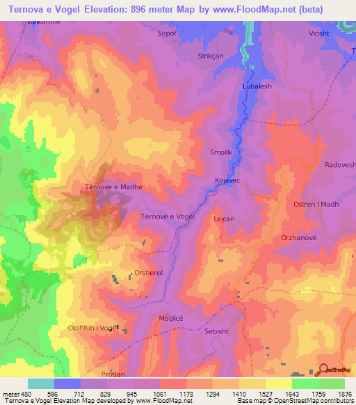 Ternova e Vogel,Albania Elevation Map