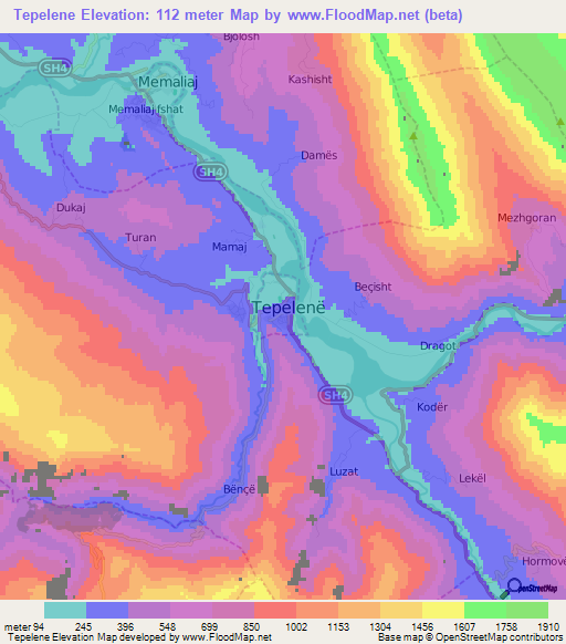 Tepelene,Albania Elevation Map