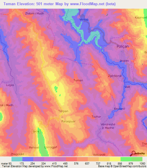 Teman,Albania Elevation Map