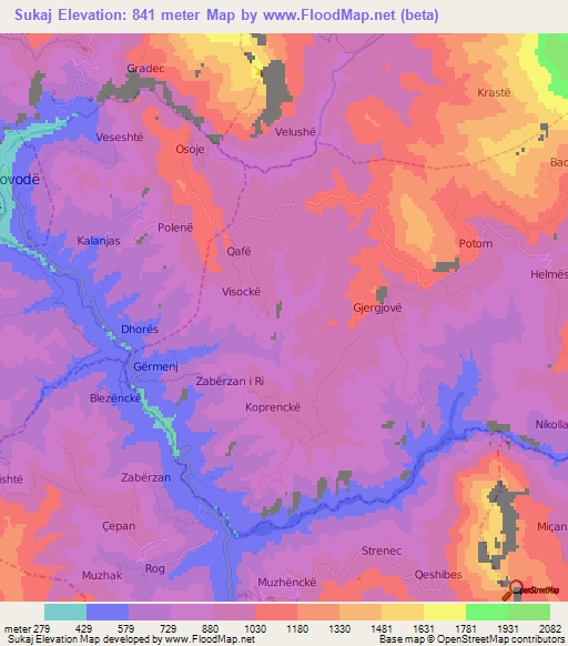 Sukaj,Albania Elevation Map