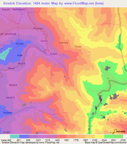 Stredok,Albania Elevation Map