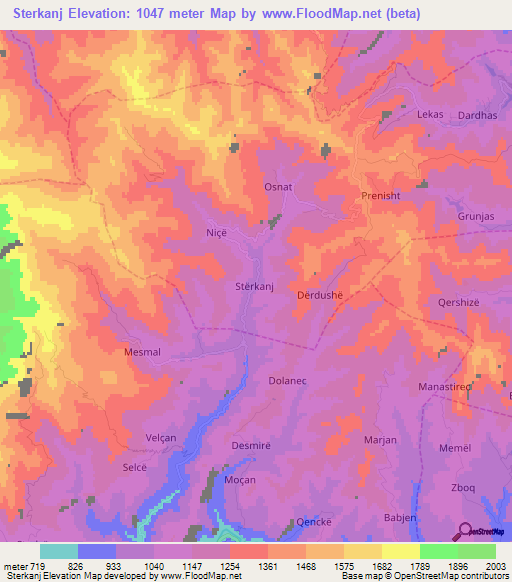 Sterkanj,Albania Elevation Map