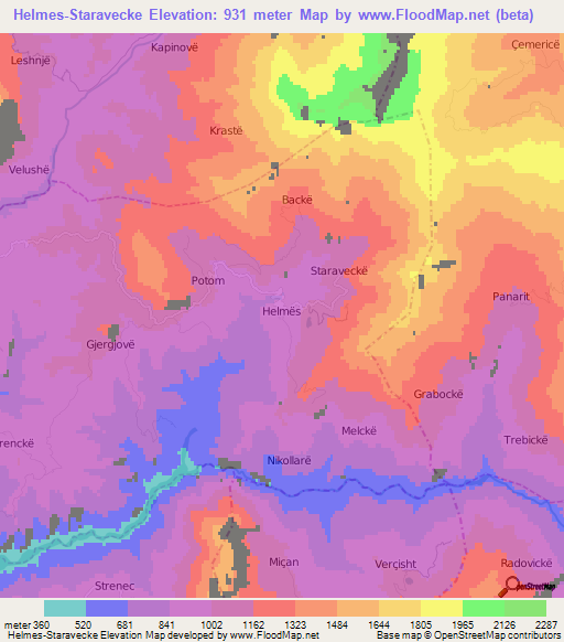 Helmes-Staravecke,Albania Elevation Map