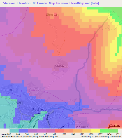 Staravec,Albania Elevation Map