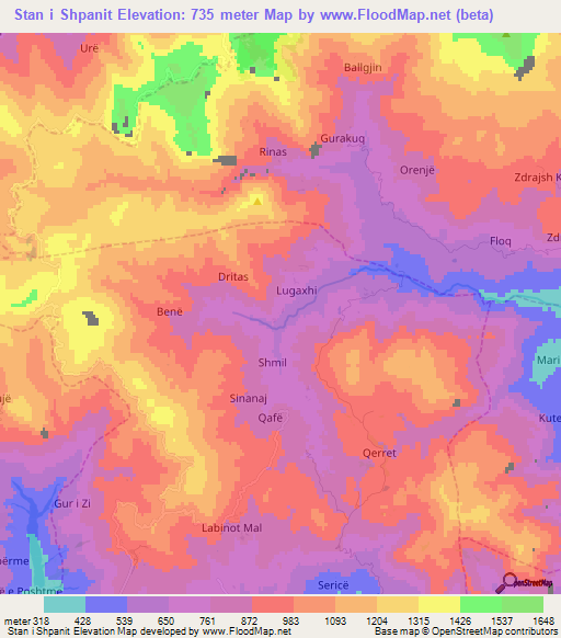 Stan i Shpanit,Albania Elevation Map