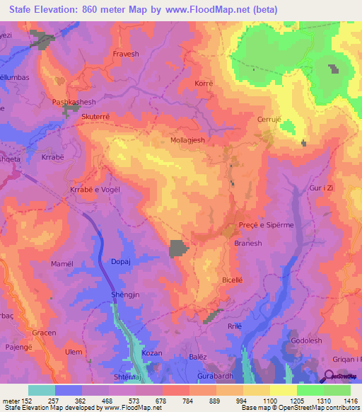 Stafe,Albania Elevation Map