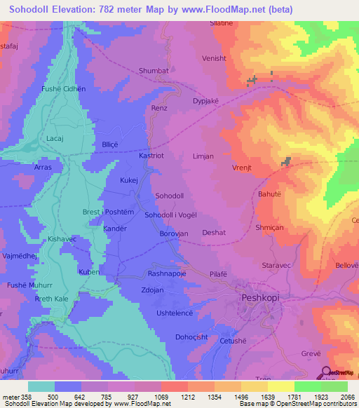 Sohodoll,Albania Elevation Map