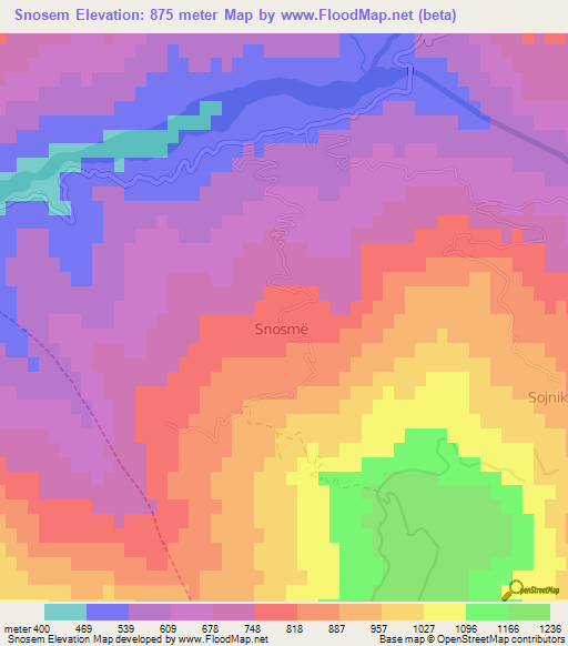 Snosem,Albania Elevation Map