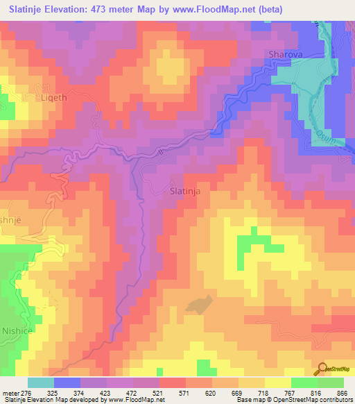 Slatinje,Albania Elevation Map