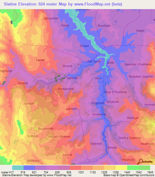 Slatine,Albania Elevation Map