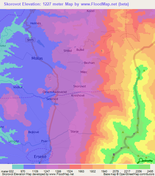 Skorovot,Albania Elevation Map