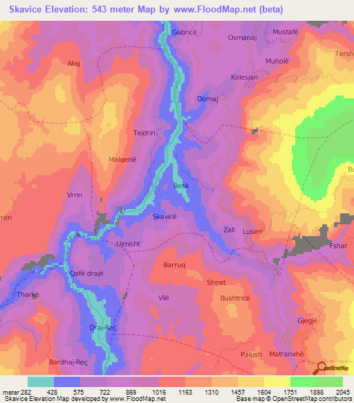 Skavice,Albania Elevation Map