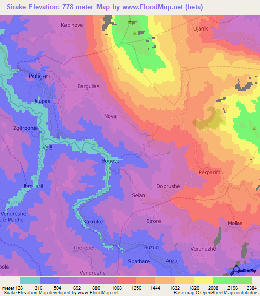 Sirake,Albania Elevation Map