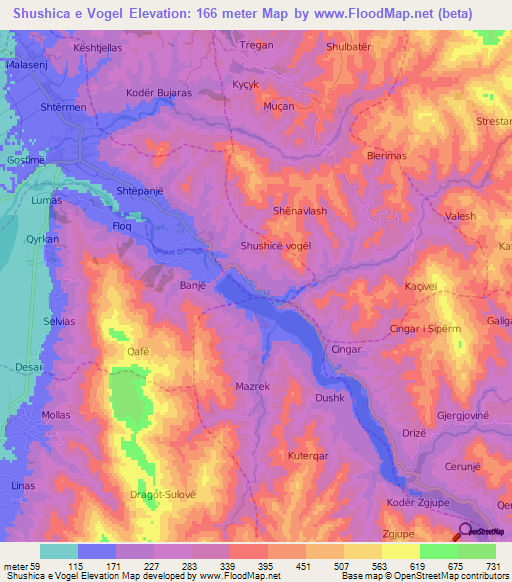 Shushica e Vogel,Albania Elevation Map