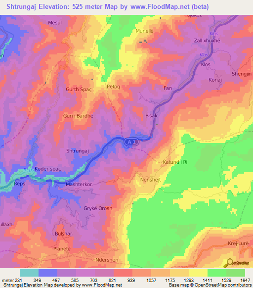 Shtrungaj,Albania Elevation Map