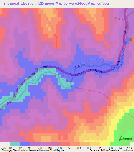 Shtrungaj,Albania Elevation Map