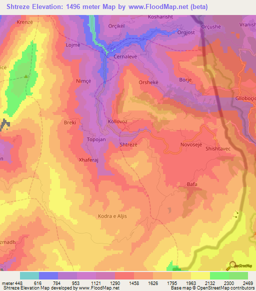 Shtreze,Albania Elevation Map