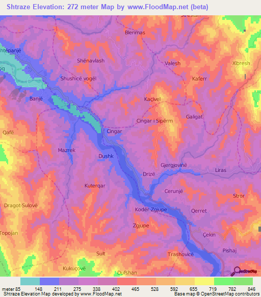 Shtraze,Albania Elevation Map