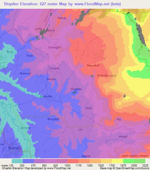 Shqefen,Albania Elevation Map