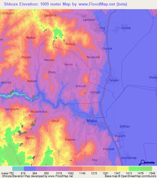 Shkoze,Albania Elevation Map