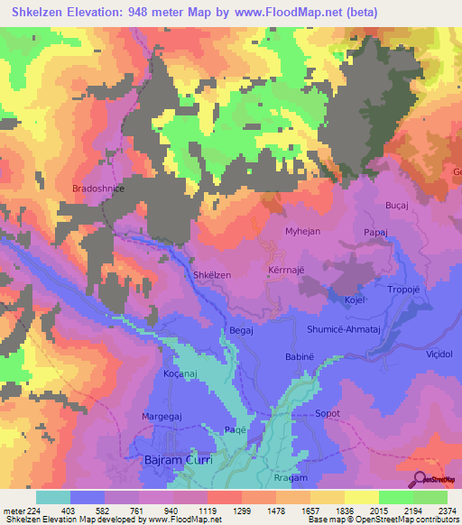 Shkelzen,Albania Elevation Map