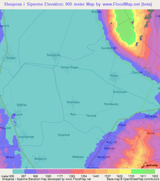 Sheqeras i Siperme,Albania Elevation Map