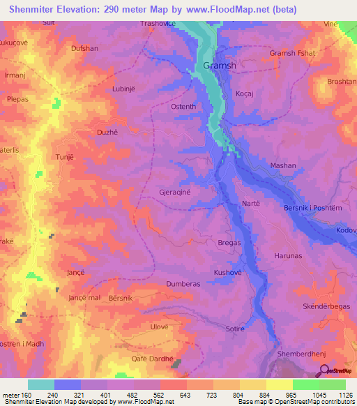 Shenmiter,Albania Elevation Map