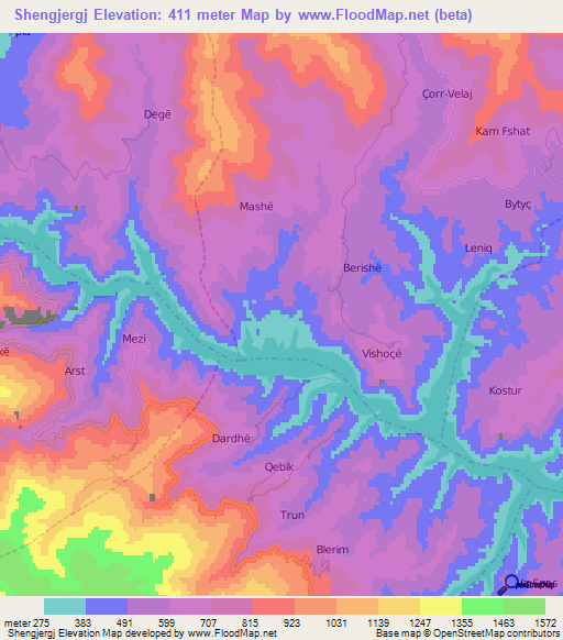 Shengjergj,Albania Elevation Map