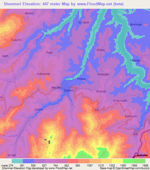 Shenmeri,Albania Elevation Map