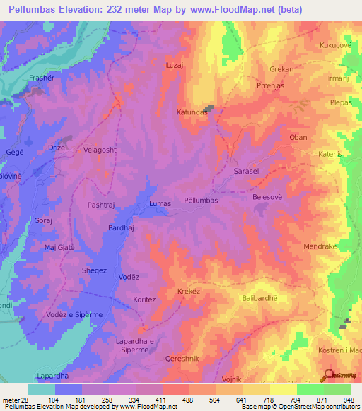 Pellumbas,Albania Elevation Map