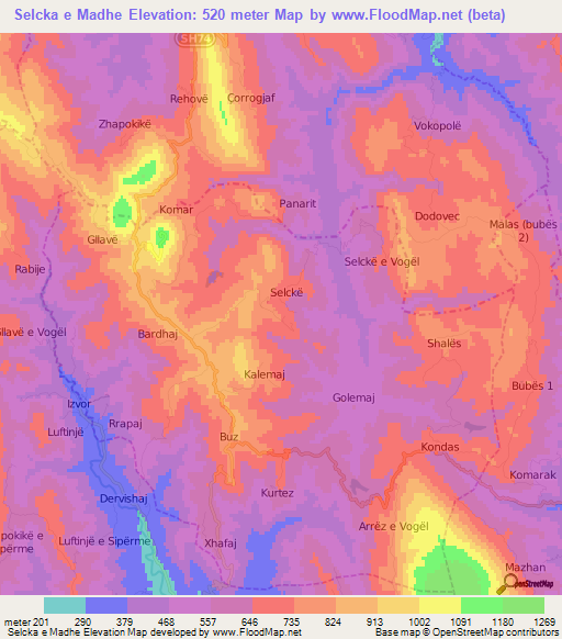 Selcka e Madhe,Albania Elevation Map