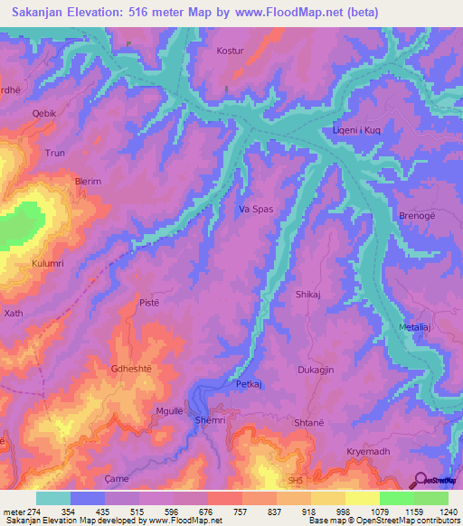 Sakanjan,Albania Elevation Map