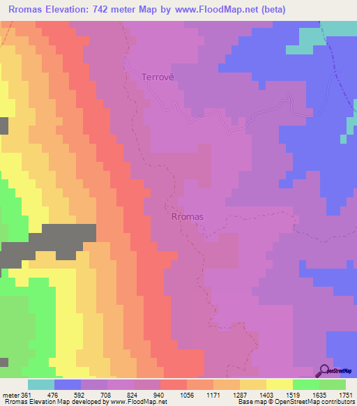 Rromas,Albania Elevation Map